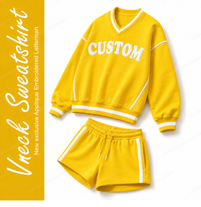 Women's Yellow 2-Piece V-Neck Sweatshirt Above-Knee Shorts <b>Set</b> Loose Fit <b>Knitted</b> Cotton Casual Quick Dry Eco-Friendly Breathable - Product Image 3