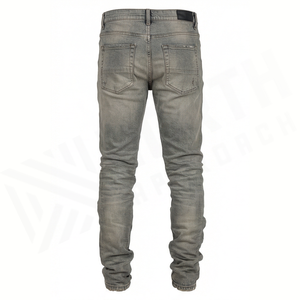 Pantalones vaqueros de mezclilla gris desgastados de corte ajustado para hombre, de pierna recta, de algodón, estilo casual de otoño, de cintura media, con lavado a la piedra - Product Image 4