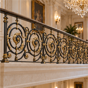 Barandal de Escalera Metálico Ornamental Negro y Dorado con Volteo Circular y Motivos de Hojas Decorativas para Interiores de Lujo - Product Image 1