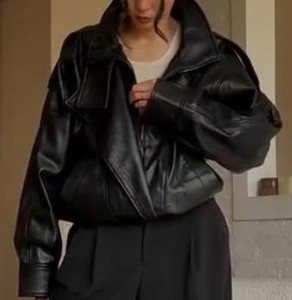 Veste de moto en cuir véritable pour femme, col montant, fermeture éclair, manches longues, noir uni, style motard, coupe-vent d'automne - Product Image 2