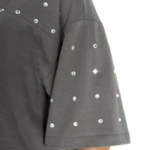 T-shirt décontracté pour femme, coupe ajustée, 100% coton, avec col à nœud décoré de diamants, mailles perforées, doux et respirant - Product Image 6