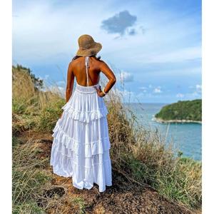 Robe longue blanche bohème pour femme, sans manches, à fines bretelles, à volants superposés, pour l'été, la plage et les vacances, naturelle et lavable - Product Image 4
