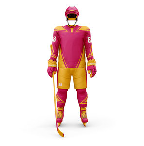 Uniforme de hockey sobre hielo personalizado para hombre, conjunto de pantalones y camiseta sublimados de manga larga, color naranja y azul, número de equipo 22, absorbe la humedad - Product Image 3