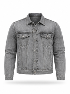 Chaqueta de Mezclilla Gris para Hombre con Logotipo Personalizado, Cierre de Botones, Corte Regular, Estilo Casual Lavado a la Piedra, para Otoño, 100% Algodón Tejido - Product Image 1