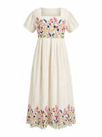 Robe décontractée mi-longue blanche unie à taille naturelle, col carré, manches courtes, plissée, coupe trapèze, 100 % coton respirant pour femme, idéale pour l'été