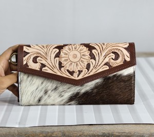 Handmade Genuine Leather <b>Wristlet</b> Clutch Wallet With Embossed Floral Designer Cowhide Pattern Bohemian Style Women's Long Wallet - Product Image 1