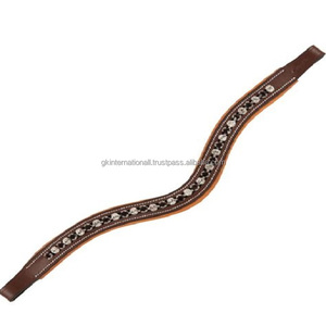 Banda de cejas de caballo acolchada suave de cuero genuino tostado de lujo Costura de contraste y 1 Fila Cristales multicolores redondos Banda de cejas Mega Bling - Product Image 1