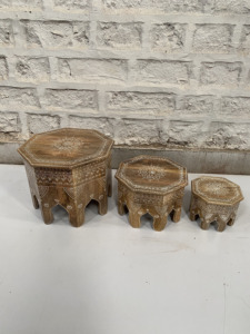 Solid <b>Wooden</b> Hand Painted Nesting <b>Tables</b> Set of 3 Octagonal Brown <b>Coffee</b> <b>Tables</b> with Traditional White Tribal Patterns - Product Image 4