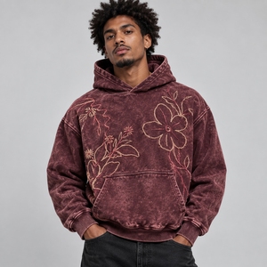Sweat à capuche d'hiver pour homme en coton 100% brodé délavé à l'acide, offre une texture audacieuse, un confort doux, des détails élégants, style streetwear décontracté pour le quotidien - Product Image 1