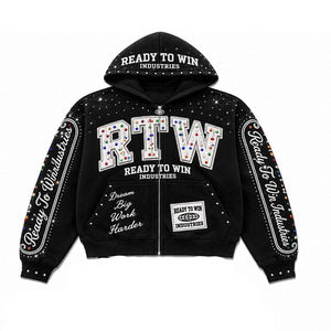 ชุดเซ็ตฮู้ดดี้พร้อมส่งจาก Ready To Win Industries สีดำ พิมพ์ลายกลิตเตอร์ประดับเพชร สไตล์สตรีทแวร์ แขนยาว ซิปด้านหน้า กางเกงขาสั้นทรงปกติ - Product Image 2