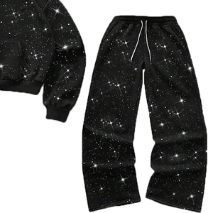 Ensemble de survêtement unisexe haut de gamme en polyester/coton tissé respirant avec strass, sweat à capuche et pantalon de survêtement personnalisés à paillettes, style streetwear - Product Image 6