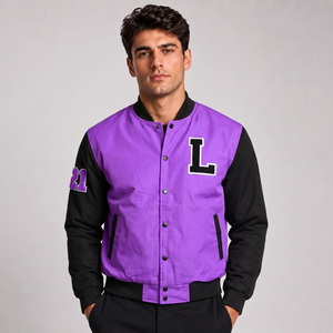 Veste universitaire pour homme, violette, manches noires, lettre L brodée, fermeture à boutons, style preppy, vêtement d'automne, coupe classique - Product Image 1