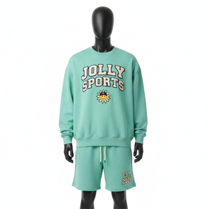 Ensemble sweat-shirt et short pour homme en molleton riche en coton 320 GSM, vert menthe, avec logo personnalisé imprimé à l'écran. - Product Image 1