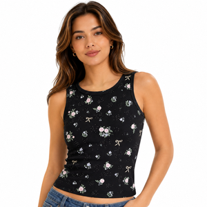 <b>Women</b> Floral Ribbed <b>Tank</b> <b>Top</b> Sleeveless Crew Neck <b>Knit</b> Crop <b>Top</b> Slim Fit Stretch Casual Summer Fashion Wear Wholesale - Product Image 1
