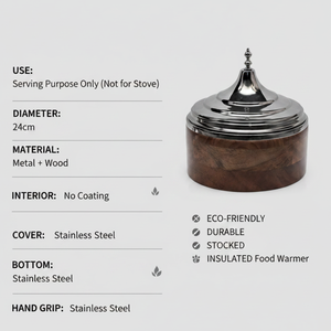 Casserole de service en bois d'acacia de luxe avec couvercle en acier inoxydable |   Réchaud alimentaire pour hotpot avec base en bois artisanale, vaisselle de designer - Product Image 5