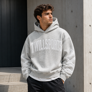 Sweat-shirt à capuche pour homme TwillSports, en coton surdimensionné, en molleton français, logo en relief, décontracté, gris automne - Product Image 5