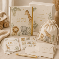 Carnet de journal personnalisé pour bébé LABON, thème safari, couverture rigide en lin, bords dorés, journal des étapes importantes, vente en gros, animaux de la jungle, album photo