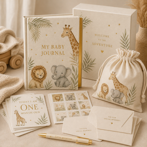 LABON - Diario Personalizado para Bebés con Temática de Safari, Tapa Dura de Lino, Bordes Dorados, Diario de Hitos, Álbum de Recortes de Animales de la Selva al por Mayor - Product Image 2