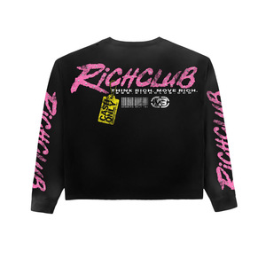 Men's Long <b>Sleeve</b> <b>Crop</b> <b>Top</b> Oversized <b>Black</b> Glitter Print Rhinestone Streetwear O-Neck Jersey Shirt - Product Image 1
