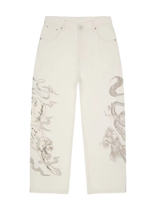 Jeans en denim pour homme de haute qualité, personnalisés, avec broderie de dragon blanchie à la chaux, coupe large, style streetwear hip-hop, OEM ODM, en coton - Product Image 2