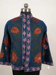 <b>Mens</b> Navy Blue Suzani Embroidered <b>Jacket</b> Traditional Uzbek Inspired Floral Outerwear Handmade Artisan Folk Art Coat with Pink - Product Image 3