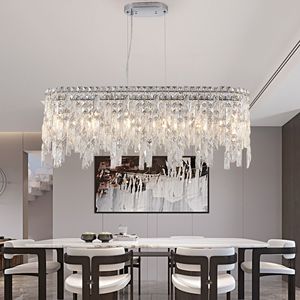 Moderno argento elegante lampadario di cristallo ovale cristalli pendenti riflettenti lampada da soffitto per sala da pranzo luci pendenti - Product Image 5