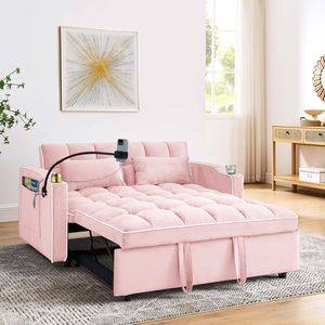 Divano Letto Pieghevole in Velluto Rosa da 141,5 cm, Moderno con Schienale Regolabile a 3 Posizioni, Porta USB, Posacenere, Supporto Girevole per Telefono - Product Image 1