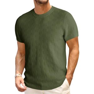 2025 hommes solide motif tricot à manches courtes T-Shirts décontracté col rond coton Stretch pull t-shirts pour été Fitness haut - Product Image 4