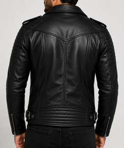 Dumela Men's Black Genuine Leather Streetwear Motorcycle Jacket Slim Fit Stand Collar Zipper Closure Belted Design Plain Dyed - Product Image 5