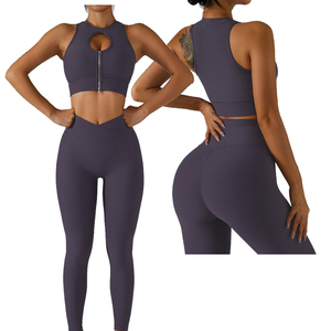 Ensemble de sport côtelé pour femme, legging taille haute et brassière de sport zippée, deux pièces sans couture, pour yoga, gym et fitness - Product Image 1