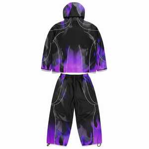Ensemble coupe-vent en nylon léger violet uni avec logo personnalisé, streetwear, survêtement ample, veste à capuche imperméable, pantalon, ensemble 2 pièces - Product Image 3