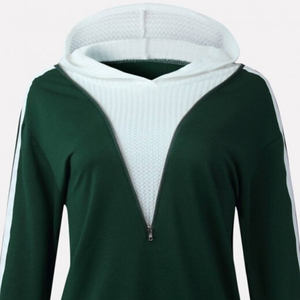 Sudadera de Mujer con Capucha y Cierre, Color Sólido, Manga Larga, Tejido de Algodón, para Otoño, Verde con Detalle de Raya Blanca - Product Image 3