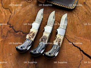 Couteau de poche pliant en acier Damas de qualité supérieure, avec verrouillage arrière, manche en corne de cerf véritable, fait main, couteau de chasse EDC OEM, vente en gros - Product Image 4