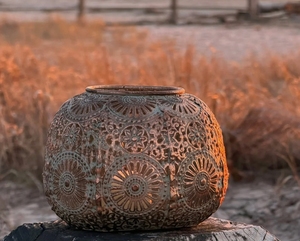 Antique Verdigris Metal Candle Holder Moroccan Style Cutout <b>Tealight</b> Votive Bowl Decorative Tabletop <b>Lantern</b> for Home Decor - Product Image 3