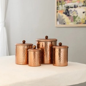 Copper Cylinder Food <b>Storage</b> <b>Containers</b> With Wooden Lids Airtight Freshness Preservation Handcrafted Vintage Design <b>Kitchen</b> Use - Product Image 1