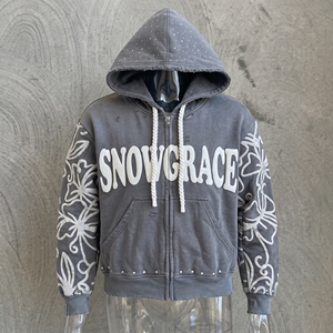 Sudadera con Capucha y Cierre de Cremallera Snowgrace Gris, Estampado Floral, Corte Regular, Ropa Casual de Invierno para Hombre - Product Image 3