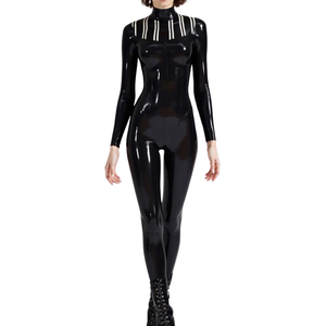 Mono largo de mujer negro con revestimiento de PU, cintura alta, manga larga, cuello alto, cremallera, ajuste ceñido, de elastano y nailon, para discoteca - Product Image 1