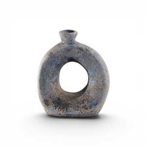 Vase en céramique artisanal bleu rustique vieilli Home Basket Bali, en forme de donut, pour décoration de table de salon - Product Image 1