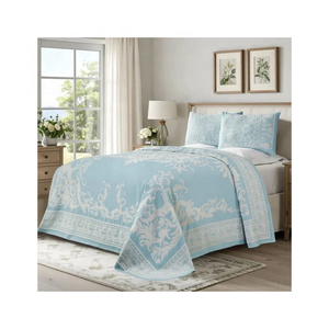 Classic Sky Blue Large 400TC Jacquard Floral Pattern OEKO-TEX Certified Midweight <b>Bedspread</b> For New Home Celebrations In India - Product Image 1