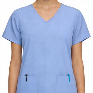 Blouse médicale pour femme, col en V, manches courtes, tissu tissé en polyester, rayonne et élasthanne, confortable, séchage rapide, résistante aux plis - Product Image 5