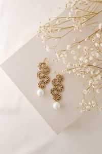 Boucles d'oreilles pendantes longues en forme de serpent perlé avec perles ondulées, style statement, pour mariée, en argent sterling 925 plaqué or 14 carats - Product Image 3