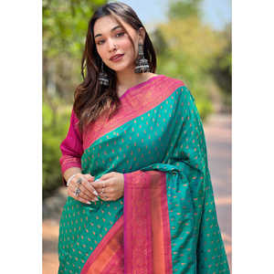 Sari de Seda Paithani Tejido con Bordado Zari de 1000 Hilos en Contraste Verde, Elegantes Vestidos de Noche - Product Image 2