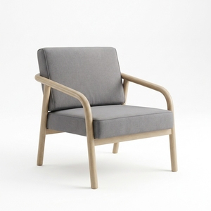 Fauteuil lounge moderne de style mid-century en bois massif, fauteuil en teck naturel avec revêtement en tissu gris, fauteuil d'appoint pour salon - Product Image 1