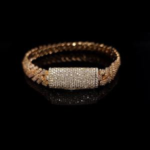 Pulsera de eslabones cubanos estilo hip hop con incrustaciones de moissanita incolora en tono a oro amarillo de 14k sobre plata 925, pulsera de dos filas de diamantes. - Product Image 4