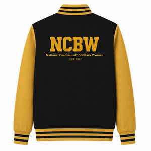 Veste universitaire personnalisée NCBW Coalition noire et or, manches longues, fermeture éclair sur le devant, col à bande, logo brodé, coton - Product Image 3