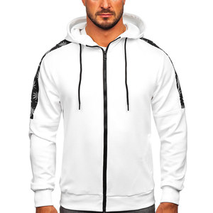 Men's <b>White</b> Hooded <b>Zip</b>-<b>Up</b> Sweatshirt With Black Solid Print Sleeves Regular Fit Casual Autumn Wear - Product Image 3