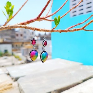 Boucles d'oreilles en quartz arc-en-ciel et grenat, plaquées argent sterling, bijoux en pierres précieuses faits à la main, cadeau pour femme, boucles d'oreilles tendance - Product Image 3