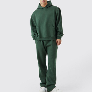 Men's Autumn Solid Green Hooded Sweatshirt <b>Jogger</b> Set Full Length Regular Fit <b>Polyester</b> Tracksuit Drawstring Quick Dry Side - Product Image 2