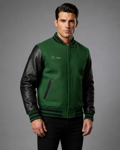 Premium Quality Men Green Varsity <b>Jacket</b> With PU <b>Leather</b> Sleeves Embroidered Logo Front Button Closure Casual Varsity <b>Jacket</b> - Product Image 2