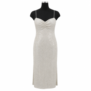 Womens <b>Silver</b> Sequin Midi <b>Dress</b> Spaghetti Strap Ruched Bust Bodycon Sparkly Evening Party Cocktail Wedding Formal Elegant <b>Dress</b> - Product Image 1